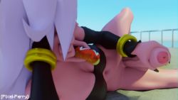 Rule 34 | 1girl, 3d, anal, anal tail, android 21, animated, black sclera, bracelet, breasts, butt plug, clothed sex, collar, colored sclera, colored skin, doughnut, dragon ball, dragon ball fighterz, ear piercing, elbow gloves, fake tail, female majin, food, futanari, futanari masturbation, gloves, highres, jewelry, large penis, long hair, lying, majin android 21, masturbation, medium breasts, newhalf, one eye closed, penis, penis grab, piercing, pink skin, pixel-perry, pointy ears, sex toy, smile, solo, tail, tail insertion, testicles, uncensored, video