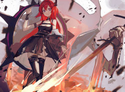 Rule 34 | 1girl, aito, arknights, bare shoulders, belt, black dress, black jacket, black thighhighs, breasts, chest strap, cleavage, closed mouth, commentary request, demon girl, demon horns, detached collar, dress, feet out of frame, fire, hand up, horns, infection monitor (arknights), jacket, long hair, looking at viewer, lava, off shoulder, purple eyes, red hair, short dress, sidelocks, sleeveless, sleeveless dress, solo, surtr (arknights), sword, thigh strap, thighhighs, weapon, zettai ryouiki, zipper pull tab