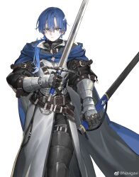 Rule 34 | 1boy, absurdres, armor, belt, blue hair, breastplate, buckle, cape, commentary, cuisses, feet out of frame, gauntlets, hair over shoulder, highres, holding, holding sheath, holding sword, holding weapon, jun (navigavi), knight, long hair, looking at viewer, male focus, original, ponytail, sheath, solo, sword, unsheathed, weapon, weibo logo, weibo watermark, white background