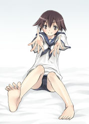 Rule 34 | 00s, 1girl, bad id, bad pixiv id, barefoot, brown eyes, brown hair, feet, highres, miyafuji yoshika, outstretched arms, outstretched hand, reaching, satou atsuki, school uniform, serafuku, short hair, soles, solo, strike witches, swimsuit, swimsuit under clothes, toes, world witches series