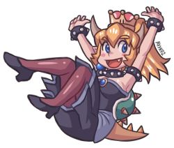 Rule 34 | ayyk92, blonde hair, bowsette, crown, dress, earrings, fangs, floating, horns, jewelry, mario (series), new super mario bros. u deluxe, nintendo, pantyhose, smile, solo, super crown, tail, thighhighs