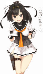 Rule 34 | &gt;:d, 10s, 1girl, :d, akizuki (kancolle), black hair, blue eyes, breasts, clenched hand, corset, cowboy shot, hachimaki, hand on own chest, headband, highres, kantai collection, long hair, looking at viewer, machinery, miniskirt, open mouth, pleated skirt, poco (backboa), ponytail, school uniform, serafuku, short sleeves, simple background, skirt, smile, solo, thigh strap, v-shaped eyebrows, white background