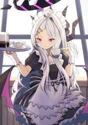 Rule 34 | 1girl, absurdres, alternate costume, apron, back bow, black bow, black dress, black ribbon, blue archive, bow, breasts, closed mouth, collarbone, cowboy shot, cup, dark halo, demon horns, demon tail, detached collar, dress, enmaided, hair ornament, hairclip, halo, highres, hina (blue archive), holding, holding cup, holding tray, horns, light blush, long hair, looking at viewer, maid, maid apron, maid headdress, parted bangs, purple eyes, ribbon, short sleeves, skirt, small breasts, solo, tail, tray, v-shaped eyebrows, very long hair, white hair, yuki hishaku