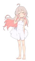 Rule 34 | 1girl, absurdres, ahoge, barefoot, closed eyes, collarbone, colored inner hair, dress, facing viewer, flat chest, full body, genderswap, genderswap (mtf), grey choker, grin, highres, light brown hair, long hair, multicolored hair, onii-chan wa oshimai!, pink hair, s10021, simple background, smile, solo, spaghetti strap, sundress, two-tone hair, white background, white dress