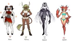 Rule 34 | 4girls, ;), abs, absurdres, aries (symbol), aries (zodiac), arthropod girl, arthropod limbs, artist name, black skin, blunt bangs, cancer (symbol), cancer (zodiac), colored sclera, colored skin, commentary, crab claw, crab girl, curled horns, curly hair, dark-skinned female, dark skin, english commentary, gemini (symbol), gemini (zodiac), green hair, grey skin, hair over eyes, hand on own hip, heart, highres, hooves, horns, long hair, mask, matilda fiship, midriff, monster girl, multicolored skin, multiple girls, one eye closed, original, pelvic curtain, personification, red hair, red sclera, sheep girl, short shorts, shorts, simple background, smile, tail, taurus (symbol), taurus (zodiac), toned, very long hair, white background, white hair, white skin, zodiac
