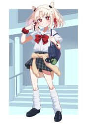 Rule 34 | 1girl, black footwear, border, bow, bracelet, braid, bright pupils, clothes around waist, double bun, gundam, hair bobbles, hair bun, hair ornament, haro, hibun tsukasa, highres, jewelry, leg warmers, loafers, plaid clothes, plaid skirt, red bow, red eyes, scrunchie, shiratama utano, shirt, shoes, short hair, short sleeves, skirt, solo, stairs, sweater, sweater around waist, univirtual, virtual youtuber, white border, white pupils, white shirt, wrist scrunchie