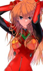 Rule 34 | 1girl, arms behind back, arms up, bad id, bad twitter id, bodysuit, breasts, clothes writing, commentary request, expressionless, fresa pie, hair between eyes, hairpods, highres, interface headset, long hair, looking at viewer, medium breasts, neon genesis evangelion, parted lips, plugsuit, red bodysuit, simple background, solo, souryuu asuka langley, tsurime, upper body, white background