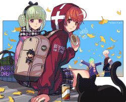 Rule 34 | 2boys, 2girls, ahoge, aldo (another eden), another eden, bag, black cat, can, cat, character request, closed mouth, drink can, food, hood, hoodie, long hair, multiple boys, multiple girls, open mouth, red hair, school bag, shinwoo choi, short hair, skirt, smile, soda can