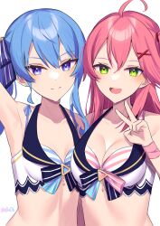 Rule 34 | 2girls, bikini, blue bikini, blue eyes, blue hair, blush, breasts, cleavage, front-tie bikini top, front-tie top, green eyes, hair ornament, highres, hololive, hololive summer 2023 swimsuit, hoshimachi suisei, long hair, looking at viewer, medium breasts, multiple girls, open mouth, pink bikini, pink hair, sakura miko, small breasts, striped bikini, striped clothes, swimsuit, v, virtual youtuber, white background, x hair ornament, you06
