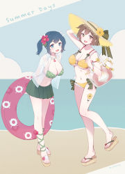 Rule 34 | 2girls, bag, beach, bikini, bikini top only, bikini under clothes, blue eyes, blue hair, blue sky, blush, bow, bow swimsuit, breasts, brown eyes, brown hair, cleavage, cloud, commentary request, day, emia wang, enemy lifebuoy (kancolle), flower, frilled bikini, frills, full body, green bikini, green skirt, hair flower, hair ornament, hair ribbon, hat, highres, hiryuu (kancolle), innertube, jewelry, kantai collection, looking at viewer, medium breasts, multiple girls, navel, necklace, ocean, open mouth, outdoors, pleated skirt, polka dot, polka dot bikini, polka dot bikini top, ribbon, sand, sandals, see-through, shell, short hair, side-tie bikini bottom, skirt, sky, slippers, smile, souryuu (kancolle), straw hat, sun hat, swim ring, swimsuit, swimsuit under clothes, twintails, yellow bikini