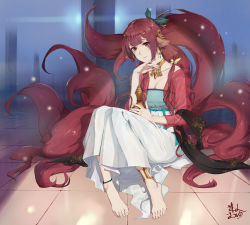 Rule 34 | 1girl, absurdres, animal ears, anklet, arabian clothes, barefoot, breasts, cleavage, earrings, feet, fox tail, full body, highres, hoop earrings, jewelry, lamp, long hair, long skirt, looking at viewer, lxd, necklace, original, pillar, red eyes, red hair, see-through, sitting, skirt, smile, solo, strapless, tail, toes, tube top, very long hair, white skirt