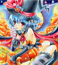 Rule 34 | 1girl, at classics, bad id, bad pixiv id, bikini, boots, breasts, candy, cape, female focus, food, food-themed hair ornament, hair ornament, halloween, hat, high heel boots, high heels, jack-o&#039;-lantern, lollipop, marker (medium), medium breasts, pumpkin, pumpkin hair ornament, remilia scarlet, sample watermark, solo, striped clothes, striped thighhighs, swimsuit, thighhighs, touhou, traditional media, watermark