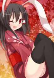Rule 34 | 1girl, ;d, alternate costume, animal ears, autumn leaves, black thighhighs, blush, bow, brown hair, chimunge, female focus, hair bow, hair tubes, hakurei reimu, highres, japanese clothes, kimono, long hair, looking at viewer, one eye closed, open mouth, rabbit ears, red eyes, smile, solo, thighhighs, touhou, wink