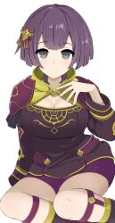Rule 34 | 1girl, absurdres, alternate breast size, bernadetta von varley, bike shorts, breasts, capelet, cleavage, earrings, fire emblem, fire emblem: three houses, grey eyes, hair ornament, highres, jewelry, kocha (jgug7553), large breasts, long sleeves, nintendo, open mouth, purple hair, purple shorts, short hair, short shorts, shorts, simple background, smile, solo, thighhighs, white background