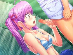Rule 34 | 1girl, amano mitsurugi, bare shoulders, blush, bra, breasts, censored, cleavage, erection, game cg, handjob, long hair, looking at another, mama camp plus!, mosaic censoring, navel, no pants, open mouth, penis, pink hair, sitting, small breasts, solo focus, standing, striped bra, striped clothes, surprised, sweatdrop, twintails, underwear, yellow eyes