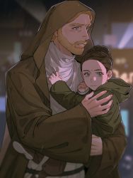 Rule 34 | 1boy, 1girl, age difference, animification, beard, blonde hair, brown hair, child, closed mouth, facial hair, highres, holding, lifting person, luminor twi, obi-wan kenobi, obi-wan kenobi (disney+), obi-wan kenobi (series), princess leia organa solo, size difference, star wars, wet, wet hair