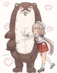 Rule 34 | blue sailor collar, bokukawauso, closed eyes, full body, gloves, grey hair, hair flaps, hat, heart, heart background, hip vent, hug, kantai collection, long hair, low twintails, mascot, mikura (kancolle), otter, pleated skirt, puffy short sleeves, puffy sleeves, red skirt, sailor collar, sailor hat, sailor shirt, shirt, short sleeves, skirt, twintails, white background, white gloves, white headwear, white shirt, wss (nicoseiga19993411)