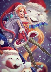 Rule 34 | 1girl, :d, ambitious elf jinx, arm at side, bag, bare shoulders, blonde hair, bow, breasts, christmas, dress, fur-trimmed gloves, fur-trimmed headwear, fur trim, gloves, green thighhighs, hat, holding, holding bag, jinx (league of legends), league of legends, official alternate costume, open mouth, orange bow, over shoulder, pantyhose, poro (league of legends), red headwear, red thighhighs, sack, santa dress, santa hat, small breasts, smile, snow, snowing, strapless, strapless dress, striped clothes, striped pantyhose, striped thighhighs, thighhighs, vertical-striped clothes, vertical-striped pantyhose, wen wei dashi