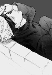 Rule 34 | 1boy, blindfold, blindfold lift, closed mouth, gojou satoru, grey background, greyscale, high collar, highres, jujutsu kaisen, long sleeves, looking at viewer, male focus, monochrome, short hair, sikkarisitee, simple background, sitting, solo