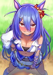 Rule 34 | 1girl, animal ears, arm at side, blue hair, blush, breasts, cleavage, ear scrunchie, feet out of frame, from above, hair ornament, hairclip, hand on own hip, hcstyrus ii, highres, hishi amazon (umamusume), horse ears, horse girl, legs apart, long hair, looking at viewer, medium breasts, midriff, navel, nose blush, orange eyes, outdoors, shadow, single sleeve, skirt, smile, solo, standing, sweat, umamusume, v-shaped eyebrows, white skirt