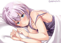 Rule 34 | 1girl, alternate costume, alternate hairstyle, aqua eyes, bare arms, bare shoulders, bed, bed sheet, blush, breasts, camisole, closed mouth, collarbone, cushion, ebifurya, hair between eyes, hair down, hair over shoulder, highres, kantai collection, lips, long hair, looking at viewer, lying, on side, pink hair, shiranui (kancolle), sideboob, sleepwear, small breasts, solo, strap slip, under covers, upper body, white background