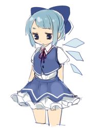 Rule 34 | 1girl, arms behind back, blue bow, blue eyes, blue hair, blue skirt, blue vest, bow, breasts, cirno, closed mouth, collared shirt, cowboy shot, cropped legs, expressionless, fairy wings, hair bow, jitome, looking back, paragasu (parags112), puffy short sleeves, puffy sleeves, shirt, short hair, short sleeves, simple background, skirt, small breasts, solo, standing, touhou, vest, white background, white shirt, wings