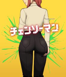 Rule 34 | 1girl, artist name, ass, braid, braided ponytail, chainsaw man, collared shirt, from behind, highres, huge ass, k3nnyn3v, makima (chainsaw man), medium hair, pants, red hair, shirt, shirt tucked in, sidelocks, smile, solo, tight clothes, tight pants, white shirt, yellow background