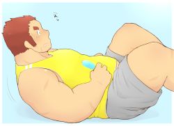 Rule 34 | 1boy, 3c pan, alternate costume, bara, belly, blush, brown hair, casual, facial hair, facial scar, fat, fat man, feet out of frame, food, from side, grey shorts, tamamura gunzo, highres, ice cream, long sideburns, lying, male focus, midriff peek, motion lines, muscular, muscular male, nose blush, on back, pectorals, scar, scar on arm, scar on cheek, scar on face, short hair, shorts, sideburns, sidepec, solo, spiked hair, stubble, tank top, thick eyebrows, tokyo houkago summoners, yellow tank top