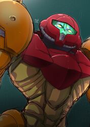 Rule 34 | 1girl, absurdres, armor, assault visor, check translation, commentary request, creepy, green background, helmet, highres, looking at viewer, metroid, metroid fusion, nintendo, no pupils, pauldrons, power suit (metroid), sa-x, science fiction, shoulder armor, signature, simple background, solo, translation request, upper body, varia suit, zero-theme