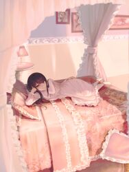 Rule 34 | 1girl, bed, blurry, blurry background, brown eyes, brown hair, commission, dekalco, eyebrows hidden by hair, full body, head rest, highres, lamp, lying, nightgown, nightstand, on side, original, pillow, pink nightgown, portrait (object), solo