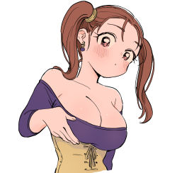 Rule 34 | 1girl, bare shoulders, blush, breast lift, breasts, brown eyes, brown hair, cleavage, closed mouth, collarbone, commentary request, corset, dragon quest, dragon quest viii, earrings, jessica albert, jewelry, large breasts, long hair, long sleeves, looking at viewer, miyama (kannsannn), off-shoulder shirt, off shoulder, purple shirt, shirt, simple background, solo, twintails, upper body, white background