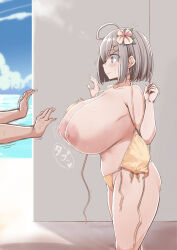 Rule 34 | 1boy, 1girl, ahoge, bikini, blue eyes, blush, grabbing another&#039;s breast, breasts, cleavage, grabbing, grey hair, highres, huge breasts, jema, large areolae, nipples, sex, sex from behind, short hair, standing, swimsuit, topless