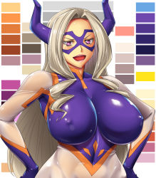 Rule 34 | 10s, 1girl, :d, ameoto, blonde hair, blush, bodysuit, boku no hero academia, breasts, cleavage, color guide, covered erect nipples, covered navel, domino mask, drill hair, eyelashes, facing viewer, gradient background, hair intakes, hand on own hip, hands on own hips, horns, huge breasts, impossible bodysuit, impossible clothes, long hair, looking at viewer, mask, mount lady, nipples, open mouth, pink lips, purple eyes, shiny clothes, silver hair, skin tight, smile, solo, standing, teeth, tongue, upper body