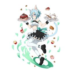 Rule 34 | 10s, 1girl, animal ears, apron, black footwear, black skirt, blue eyes, blue hair, blush, cat ears, cat tail, frilled thighhighs, frills, from side, full body, gloves, green ribbon, groin, hair between eyes, hair ribbon, holding, leg up, looking at viewer, maid, maid headdress, midriff, navel, parted lips, ribbon, shoes, short hair with long locks, sidelocks, simple background, sinon, sinon (sao-alo), skirt, solo, standing, stomach, sword art online, tail, thighhighs, white apron, white background, white gloves, white thighhighs