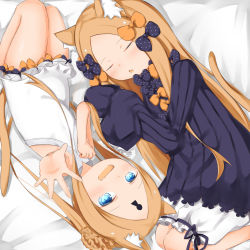 Rule 34 | 2girls, :d, :o, abigail williams (fate), abigail williams (swimsuit foreigner) (fate), abigail williams (swimsuit foreigner) (second ascension) (fate), animal ear fluff, animal ears, bare arms, bare shoulders, bed sheet, black bow, black dress, blonde hair, bloomers, blue eyes, blush, bow, cat ears, cat girl, cat tail, commentary request, dress, dual persona, fang, fate/grand order, fate (series), feet out of frame, forehead, foreshortening, hair bow, highres, kemonomimi mode, keyhole, long hair, long sleeves, lying, multiple girls, on side, one-piece swimsuit, open mouth, orange bow, outstretched arm, parted bangs, parted lips, polka dot, polka dot bow, sleeves past fingers, sleeves past wrists, smile, su guryu, swimsuit, tail, underwear, very long hair, white bloomers, white one-piece swimsuit