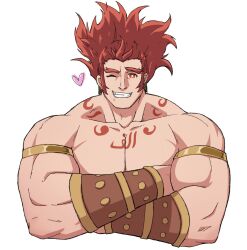 Rule 34 | 1boy, arabic text, bara, bucchigiri?!, cropped torso, crossed arms, dounoo, heart, highres, long hair, long sideburns, looking at viewer, male focus, muscular, muscular male, one eye closed, prehensile hair, red hair, senya (bucchigiri?!), sideburns, smile, solo, thick eyebrows, wink heart