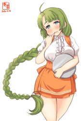 Rule 34 | 1girl, alternate costume, anna miller, apron, artist logo, blouse, blue eyes, blush, braid, breasts, commentary request, cowboy shot, dated, employee uniform, frilled shirt, frills, green hair, highres, kanon (kurogane knights), kantai collection, long hair, looking at viewer, medium breasts, mole, mole under mouth, orange apron, orange skirt, pinky out, shirt, short shorts, shorts, simple background, single braid, skirt, smile, solo, standing, tongue, tongue out, tray, underbust, uniform, very long hair, waitress, white background, white shirt, yuugumo (kancolle)