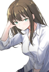 Rule 34 | 1girl, brown hair, closed mouth, dress shirt, green eyes, hand in own hair, highres, idolmaster, idolmaster cinderella girls, long hair, looking at viewer, shibuya rin, shirt, simple background, sleeves rolled up, solo, unu (unucence), white background, white shirt