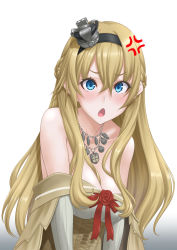 Rule 34 | 1girl, angry, bare shoulders, blonde hair, blue eyes, braid, breasts, cleavage, collarbone, commentary request, crown, dress, french braid, hair between eyes, highres, jewelry, kantai collection, large breasts, long hair, long sleeves, looking at viewer, mini crown, necklace, off-shoulder dress, off shoulder, open mouth, simple background, solo, t2r, upper body, warspite (kancolle), white background, white dress