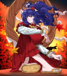 Rule 34 | 1girl, alinoce716, ankleband, autumn, autumn leaves, blue hair, floating hair, frilled sleeves, frills, hair ornament, highres, layered sleeves, leaf hair ornament, long skirt, long sleeves, medium hair, mirror, outdoors, puffy long sleeves, puffy sleeves, red eyes, red shirt, red skirt, rope, sandals, shimenawa, shirt, short over long sleeves, short sleeves, skirt, solo, touhou, yasaka kanako
