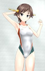 Rule 34 | 10s, 1girl, absurdres, arena (company), bad id, bad pixiv id, black eyes, brown hair, competition swimsuit, hairband, hiei (kancolle), highres, kantai collection, one-piece swimsuit, plaid, short hair, standing, swimsuit, takafumi