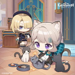 Rule 34 | 1boy, 1girl, absurdres, animal ear fluff, animal ears, black footwear, black gloves, black headwear, black shorts, blonde hair, blunt bangs, bowl, brother and sister, cat, cat ears, chibi, closed mouth, commentary, copyright name, english commentary, fish (food), food, freminet (genshin impact), genshin impact, gloves, grey hair, hat, highres, holding, long sleeves, looking down, lynette (genshin impact), multicolored hair, no mouth, official art, pantyhose, pers (genshin impact), pet bowl, puffy long sleeves, puffy sleeves, purple eyes, short shorts, shorts, siblings, squatting, star (symbol), streaked hair