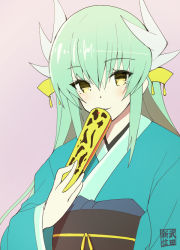 Rule 34 | 1girl, aqua hair, folded fan, hand fan, fate/grand order, fate (series), folding fan, holding, holding fan, horns, japanese clothes, kimono, kiyohime (fate), long hair, long sleeves, looking at viewer, pink background, simple background, smile, solo, takeda aranobu, upper body, yellow eyes