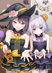 2girls :d akizuki_kei bare_shoulders black_dress black_hair black_hat breasts broken_heart bun_cover candy_wrapper closed_mouth commentary_request double_bun dress fang flower food frilled_dress frills grey_hair hair_between_eyes hair_bun halloween hat hat_flower heart holding holding_food jack-o&#039;-lantern layered_dress long_hair multiple_girls munakata_hinano open_mouth original pink_flower pleated_dress purple_eyes small_breasts smile strapless strapless_dress tokuno_yuika v-shaped_eyebrows very_long_hair wrist_cuffs