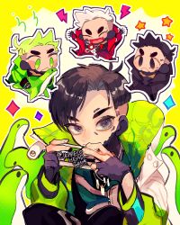 Rule 34 | 1boy, ^ ^, animification, apex legends, black eyes, black hair, black jacket, blush, chibi, closed eyes, crypto (apex legends), devil&#039;s advocate crypto, closed eyes, fang, fuzzy logic crypto, green eyes, green hair, green jacket, grey hair, holding, jacket, looking to the side, male focus, multiple views, nessie (respawn), official alternate costume, red jacket, repikinoko, signature, smile, squatting, the hired gun crypto, twitter username