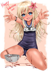 Rule 34 | 10s, 1girl, 2015, :d, bad id, bad pixiv id, barefoot, blonde hair, blue eyes, blush, chocolate, flower, hair flower, hair ornament, happy valentine, inu (marukome), kantai collection, long hair, looking at viewer, mixing bowl, open mouth, ro-500 (kancolle), school swimsuit, sitting, smile, spatula, spread legs, swimsuit, swimsuit under clothes, tan, tanline, thighs, valentine