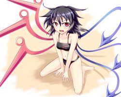 Rule 34 | 1girl, annoyed, ashiroku (miracle hinacle), asymmetrical wings, bikini, black bikini, black hair, breasts, fang, hands on floor, houjuu nue, looking at viewer, looking to the side, messy hair, navel, open mouth, red eyes, short hair, sitting, slit pupils, small breasts, solo, swimsuit, touhou, wariza, wings