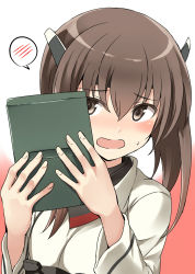 Rule 34 | 1girl, artist name, blush, breasts, brown eyes, brown hair, covering face, dated, embarrassed, gradient background, headgear, highres, kamelie, kantai collection, long sleeves, open mouth, shirt, short hair, small breasts, solo, speech bubble, spoken blush, sweat, taihou (kancolle), white shirt