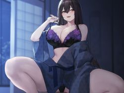 Rule 34 | 1girl, :d, black bra, black hair, black panties, blue kimono, blurry, blurry background, bra, breasts, brown eyes, cleavage, collarbone, hair between eyes, hayabusa, highres, indoors, japanese clothes, kimono, large breasts, long hair, looking at viewer, mole, mole on breast, night, non-web source, open mouth, original, panties, smile, solo, spread legs, teeth, thighs, underwear, undressing, upper teeth only, yukata