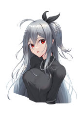 Rule 34 | 1girl, ahoge, arknights, bead necklace, beads, black shirt, bowlp, breasts, commentary, grey hair, head tilt, highres, jewelry, large breasts, long hair, necklace, official alternate costume, one side up, red eyes, shirt, skadi (arknights), skadi (the next afternoon tea) (arknights), solo, upper body, very long hair